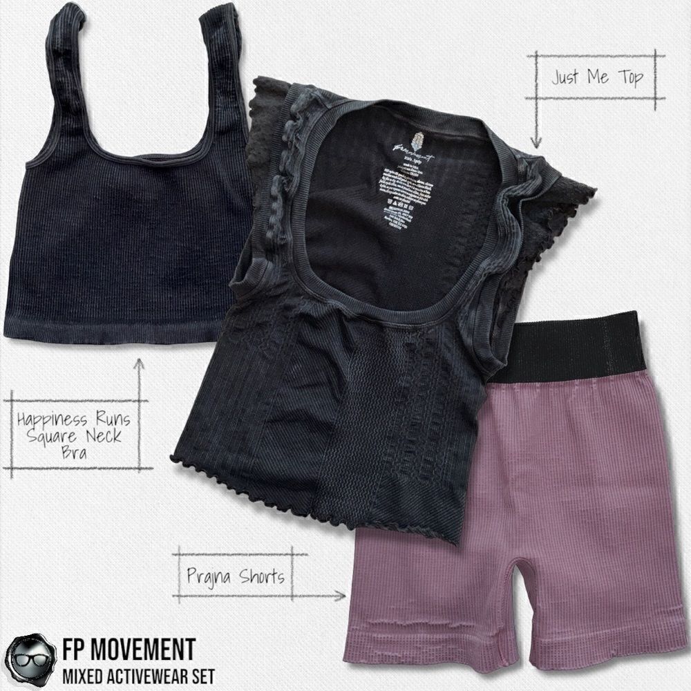 FP MOVEMENT SET: HAPPINESS RUNS SQUARE NECK BRA + JUST ME TOP + PRAJNA SHORTS S